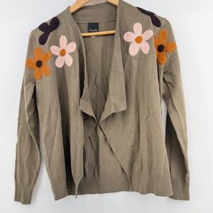 Aaeda Womens S Open Asymmetrical Cardigan Olive Felt Pink Orange Flowers Cottage